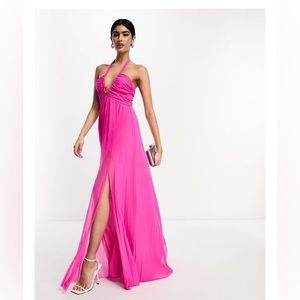 NWT ASOS DESIGN halter neck channel mesh maxi dress in hot pink